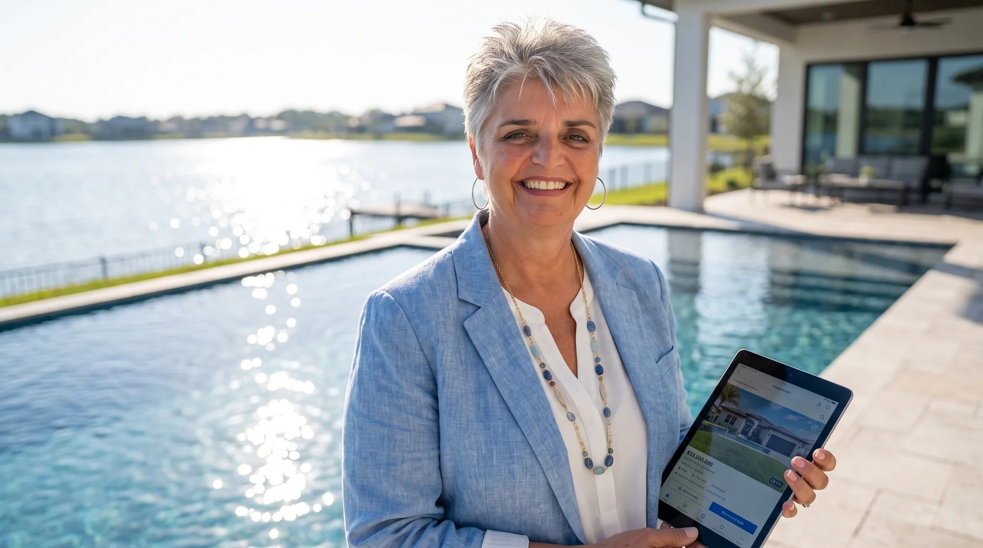 A corretora Patricia Alvares revisando uma compra em um tablet à beira da piscina