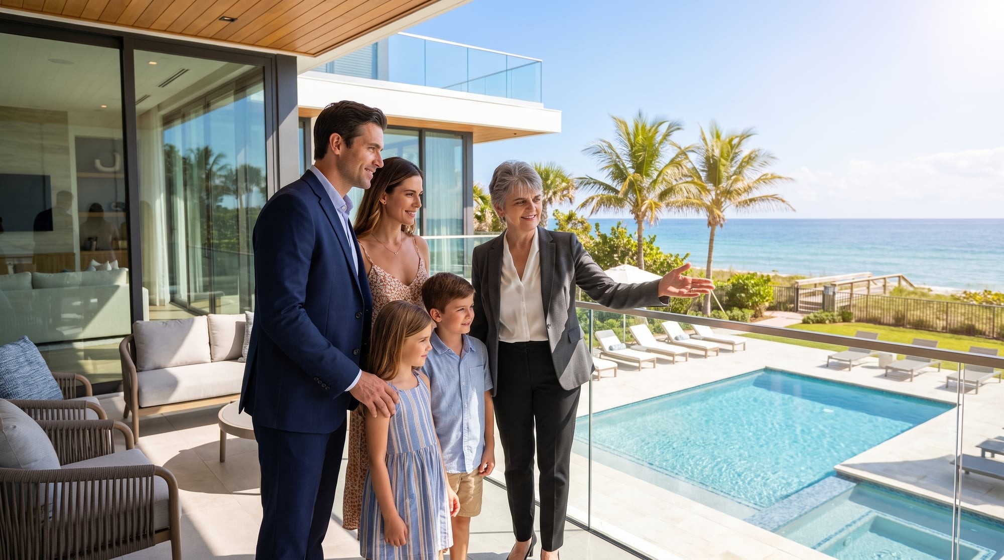A corretora Patricia Alvares mostrando a uma família uma casa com piscina e vista para o mar