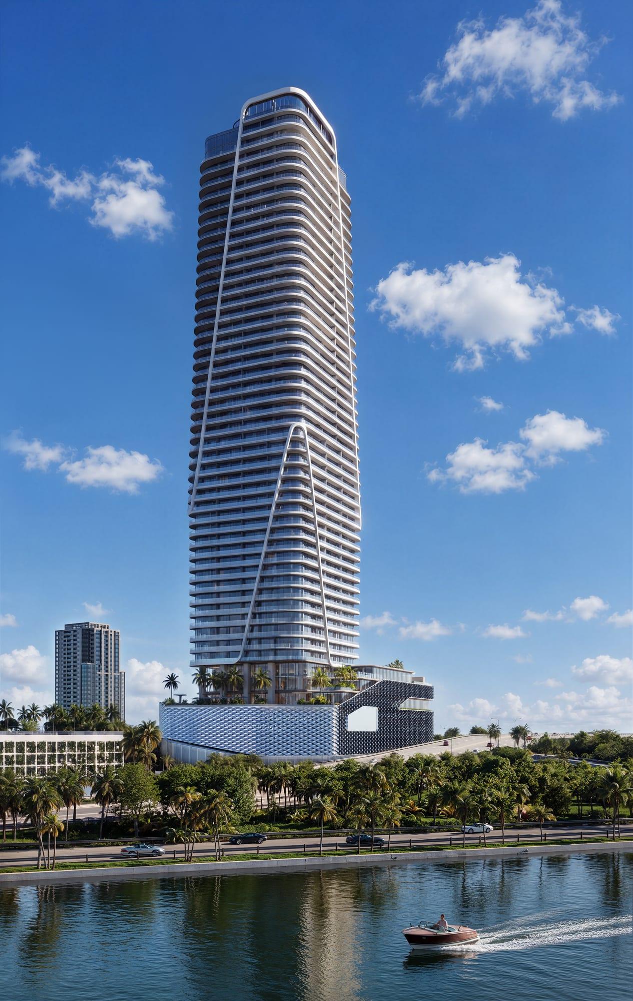 Ilustração da torre vista das águas da Baía de Biscayne