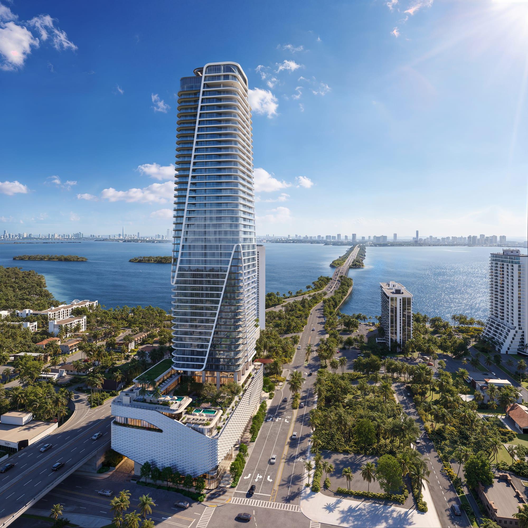 Ilustração de uma vista aérea da torre e de sua base junto à Baía de Biscayne