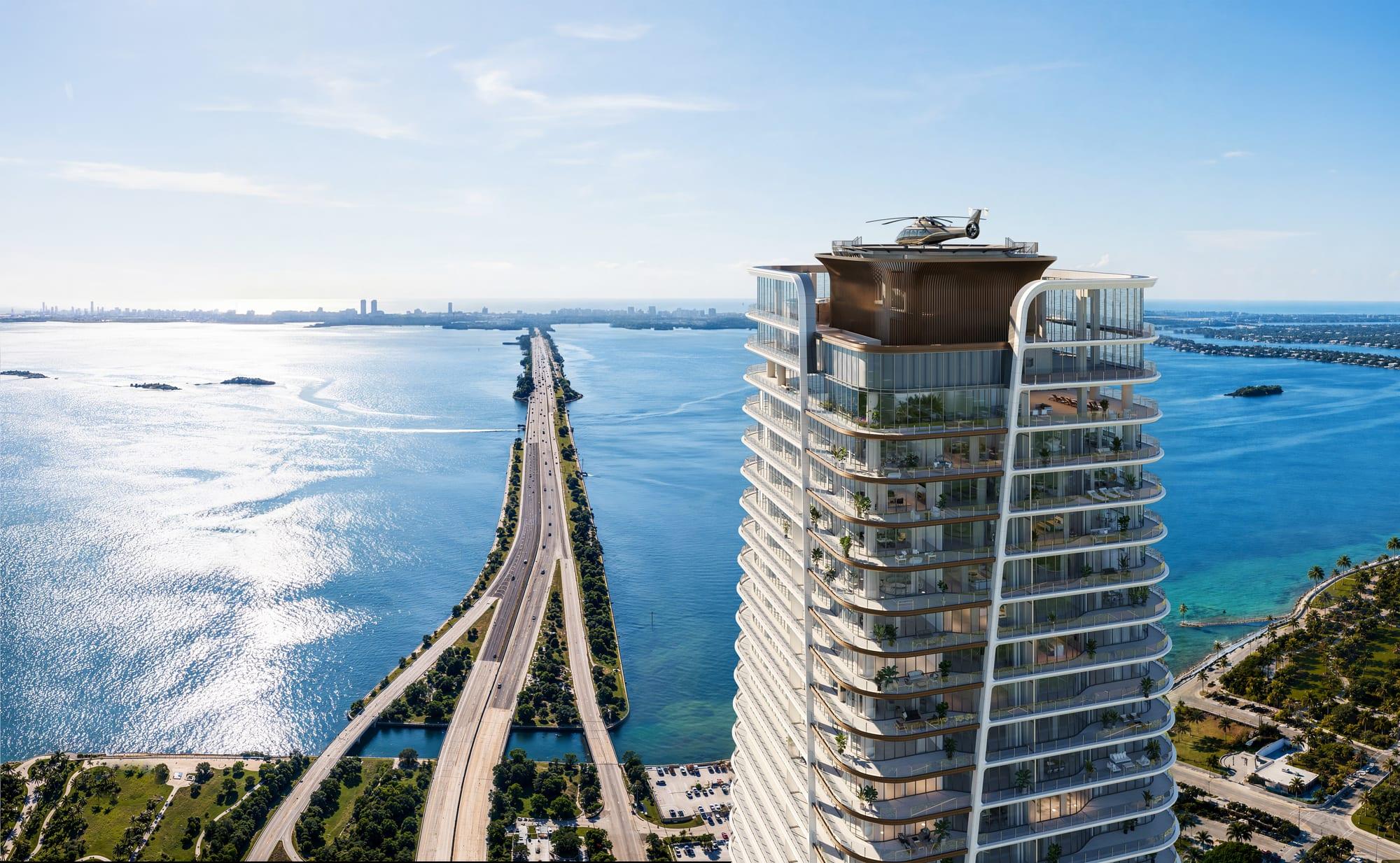 Ilustração do heliponto na cobertura durante o dia, com a ponte sobre a Baía de Biscayne