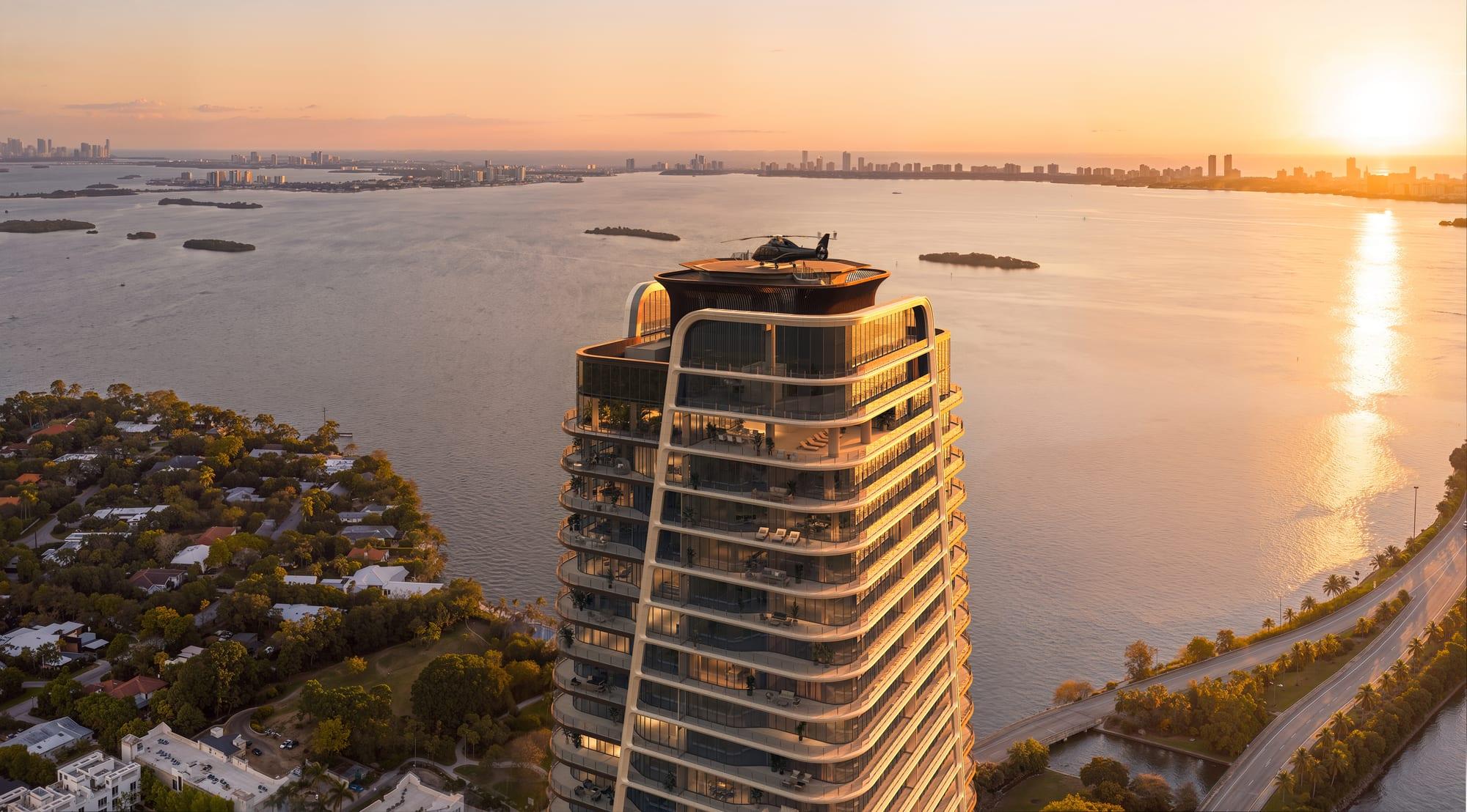 Ilustração do topo da torre com o heliponto ao pôr do sol, com vista para a baía