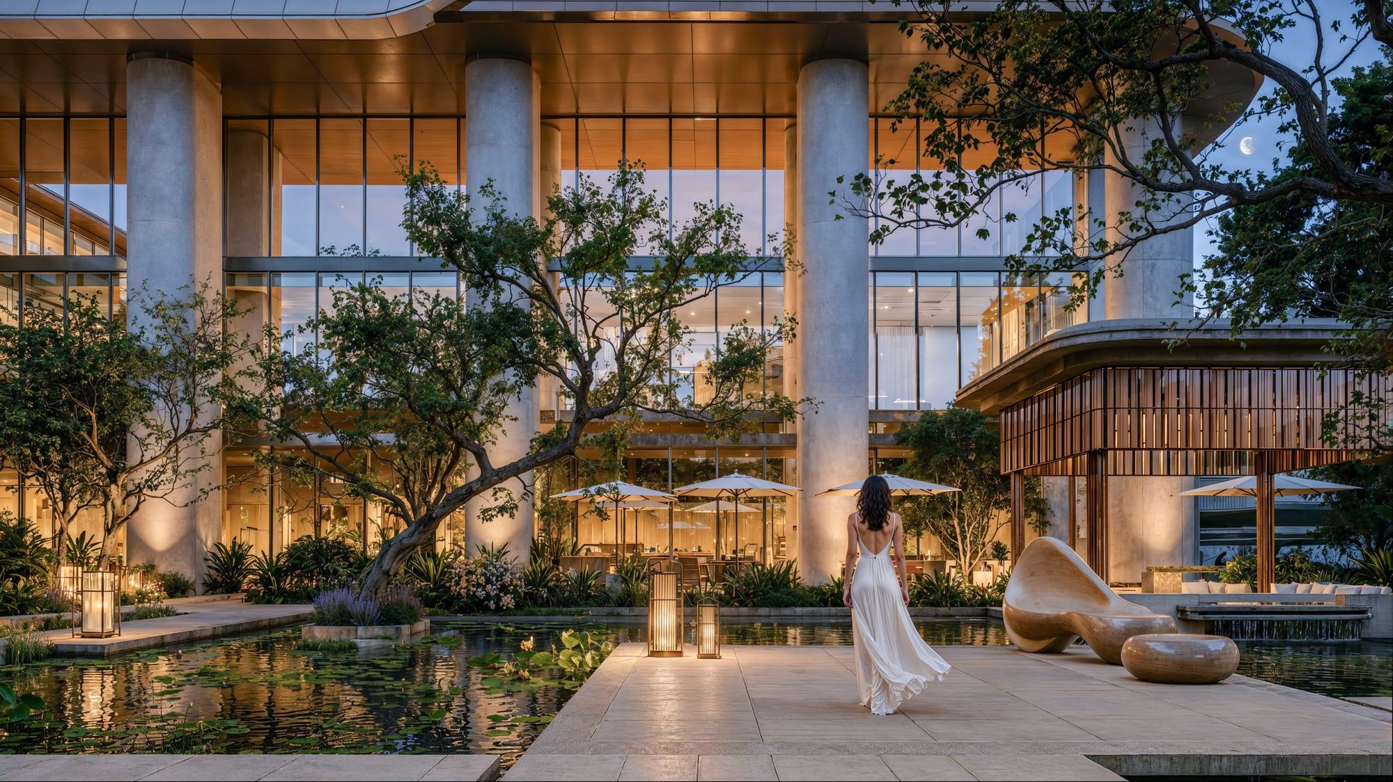 Ilustração dos jardins e espelhos d'água ao lado do lobby ao entardecer
