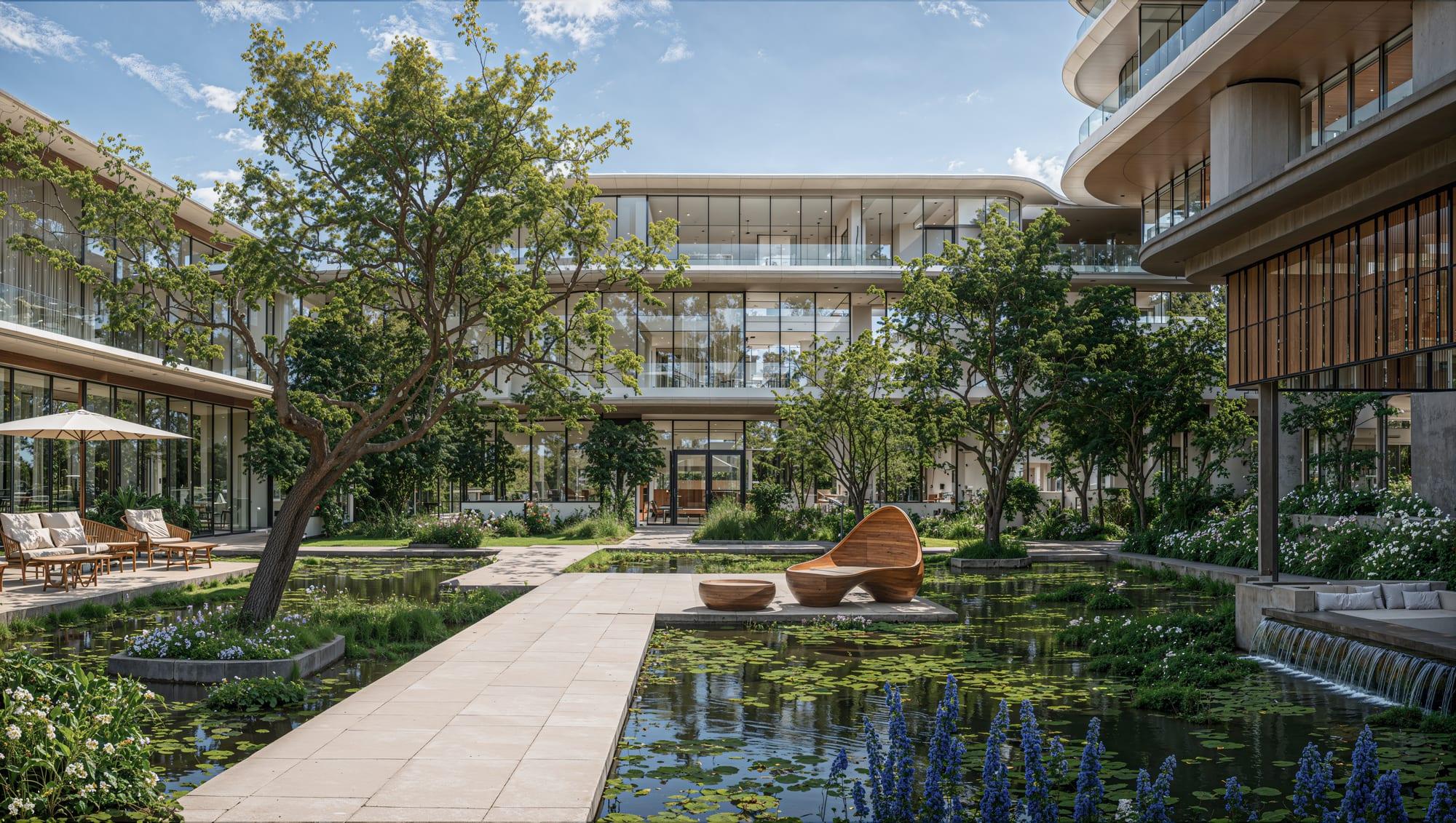 Ilustração dos jardins aquáticos e de uma passarela entre os edifícios