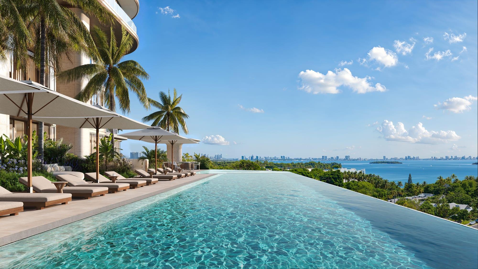 Ilustração da piscina em estilo resort com espreguiçadeiras e vista para a baía