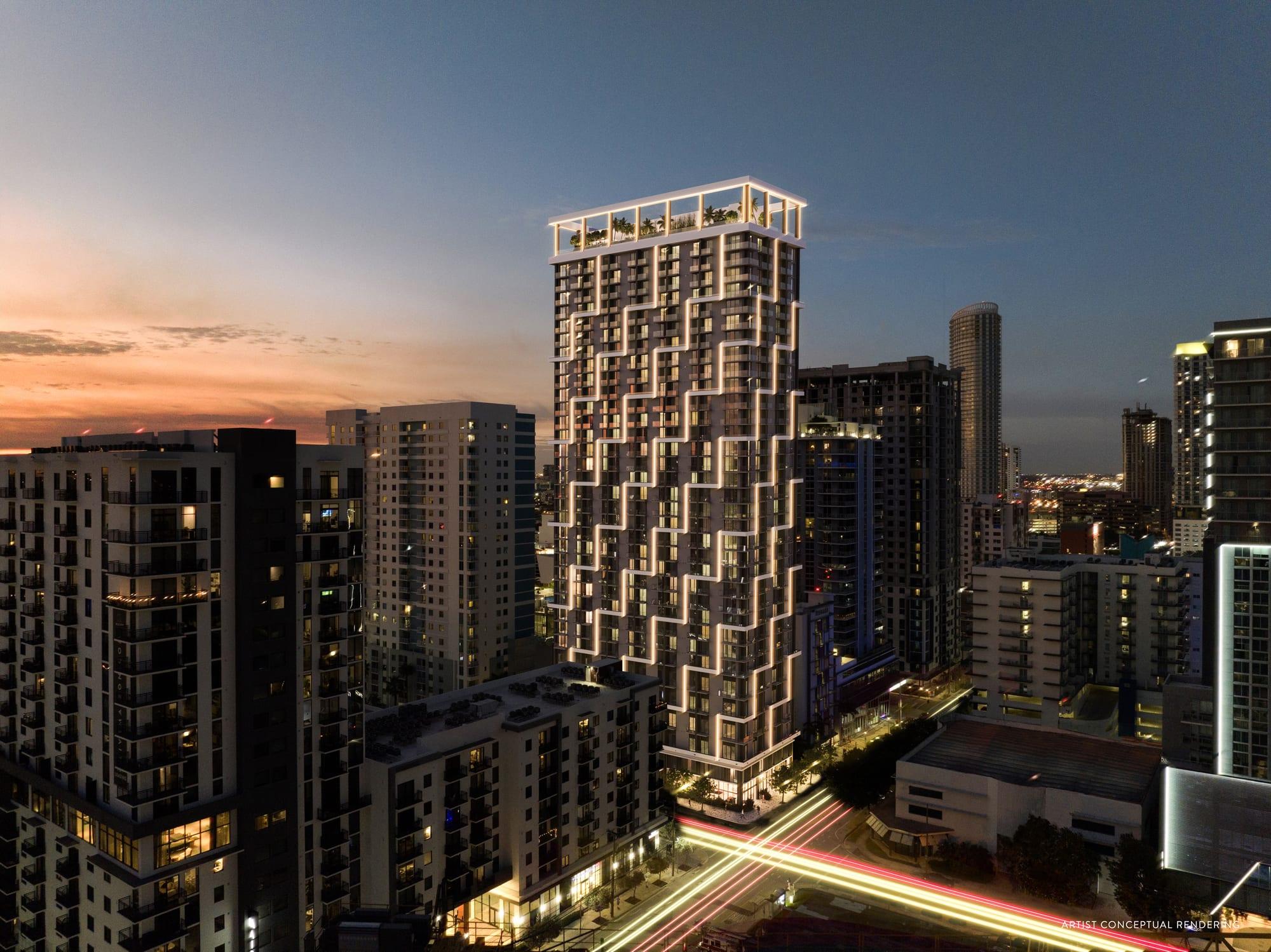 Rendering of the tower at dusk