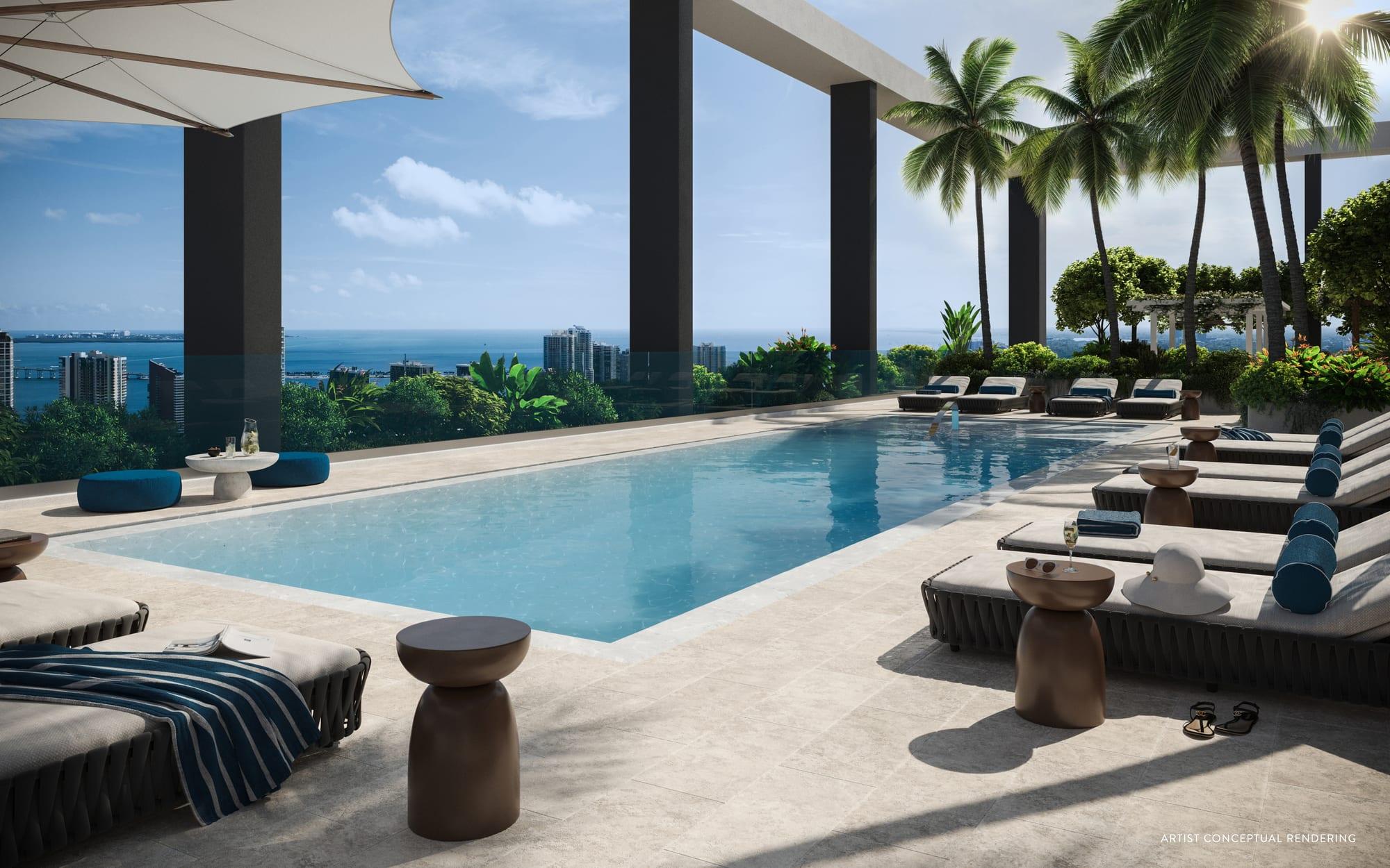 Rendering of the rooftop pool deck with cabanas