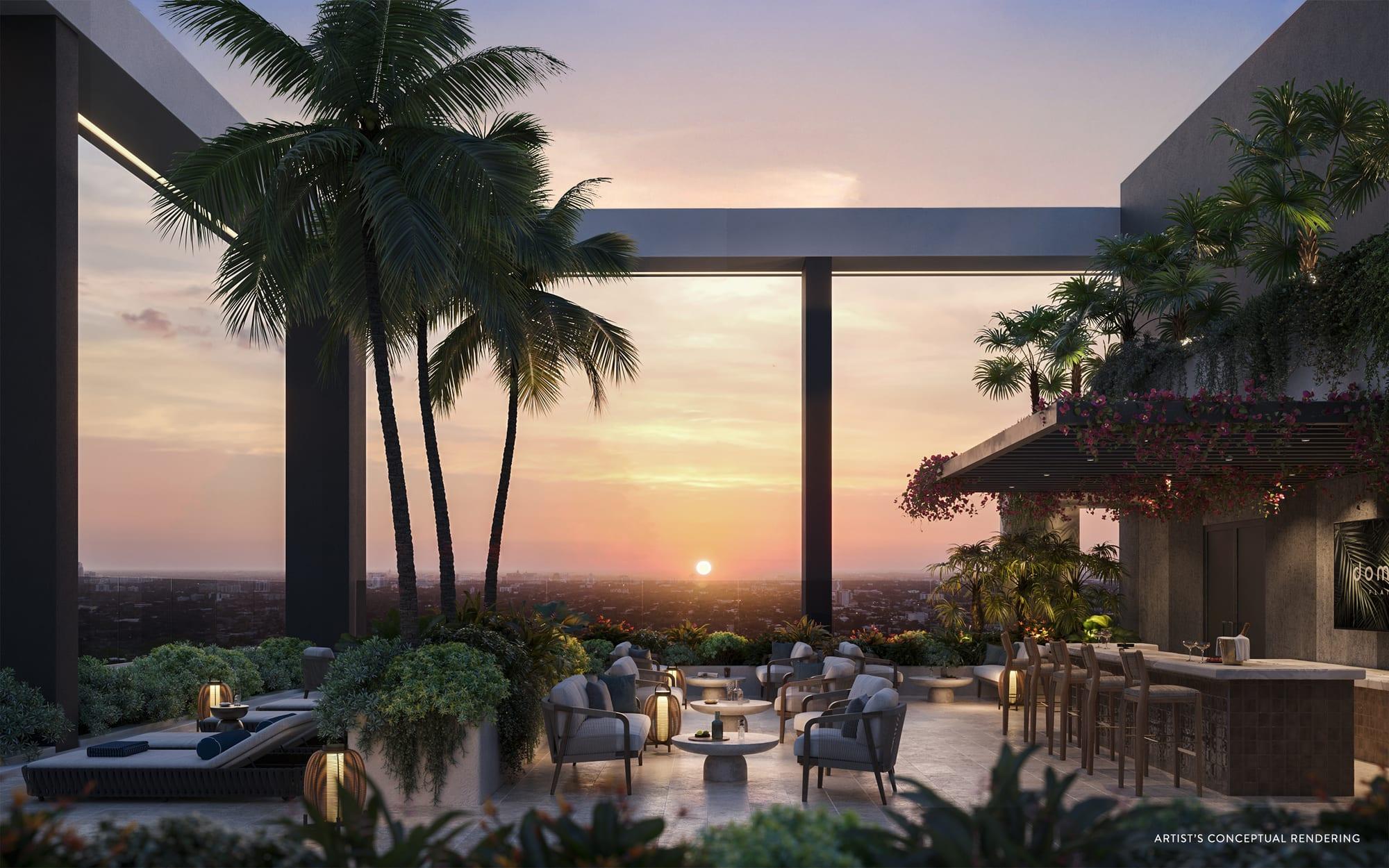 Rendering of the rooftop lounge at sunset