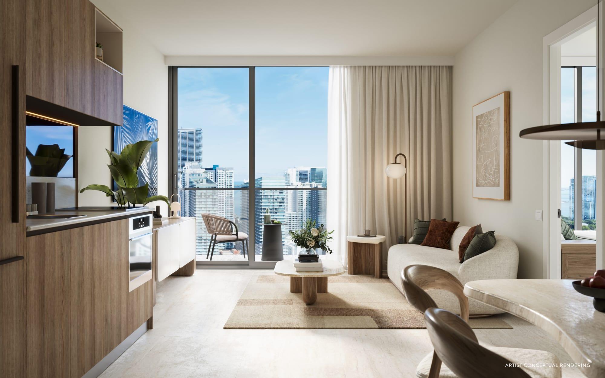 Rendering of a flat's living area with city views