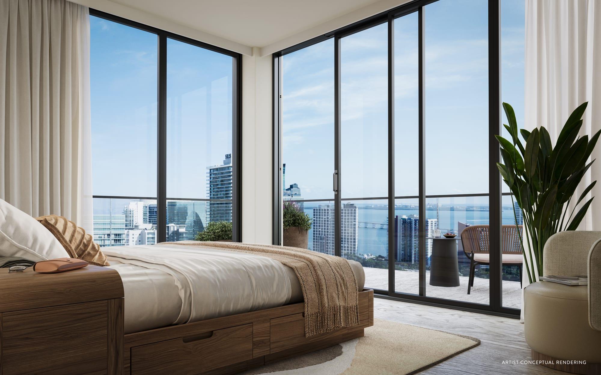 Rendering of a flat's bedroom with city views