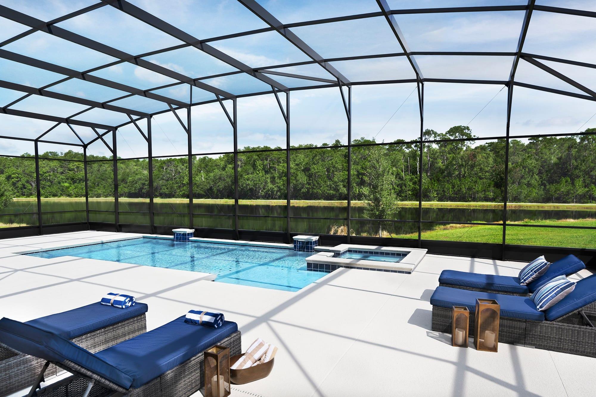 Photo of the private screened pool and spa at the Waterfall model home