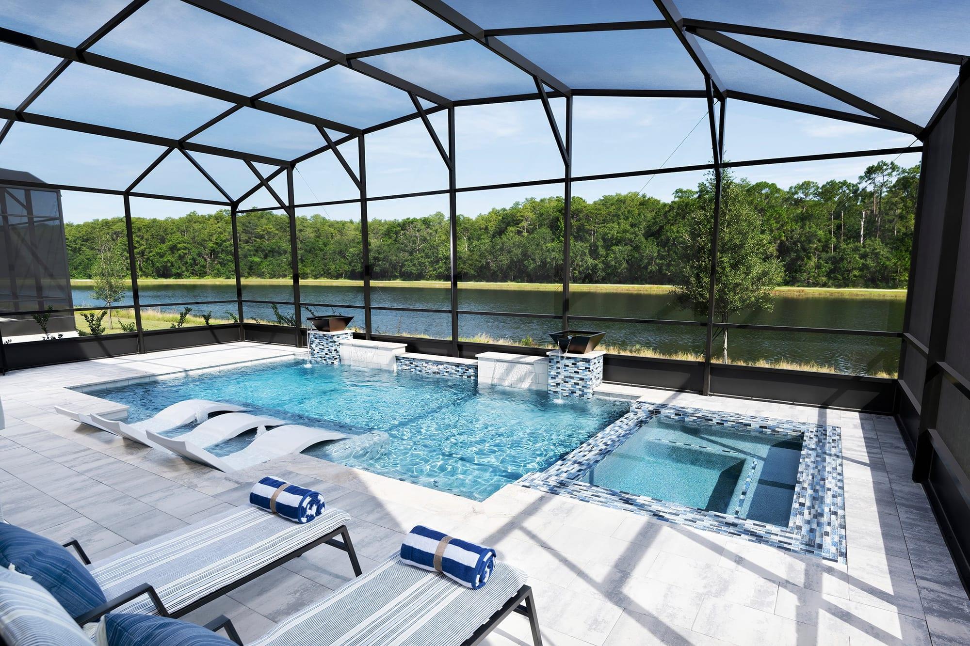 Photo of the private screened pool and spa at the Sandalwood II model home