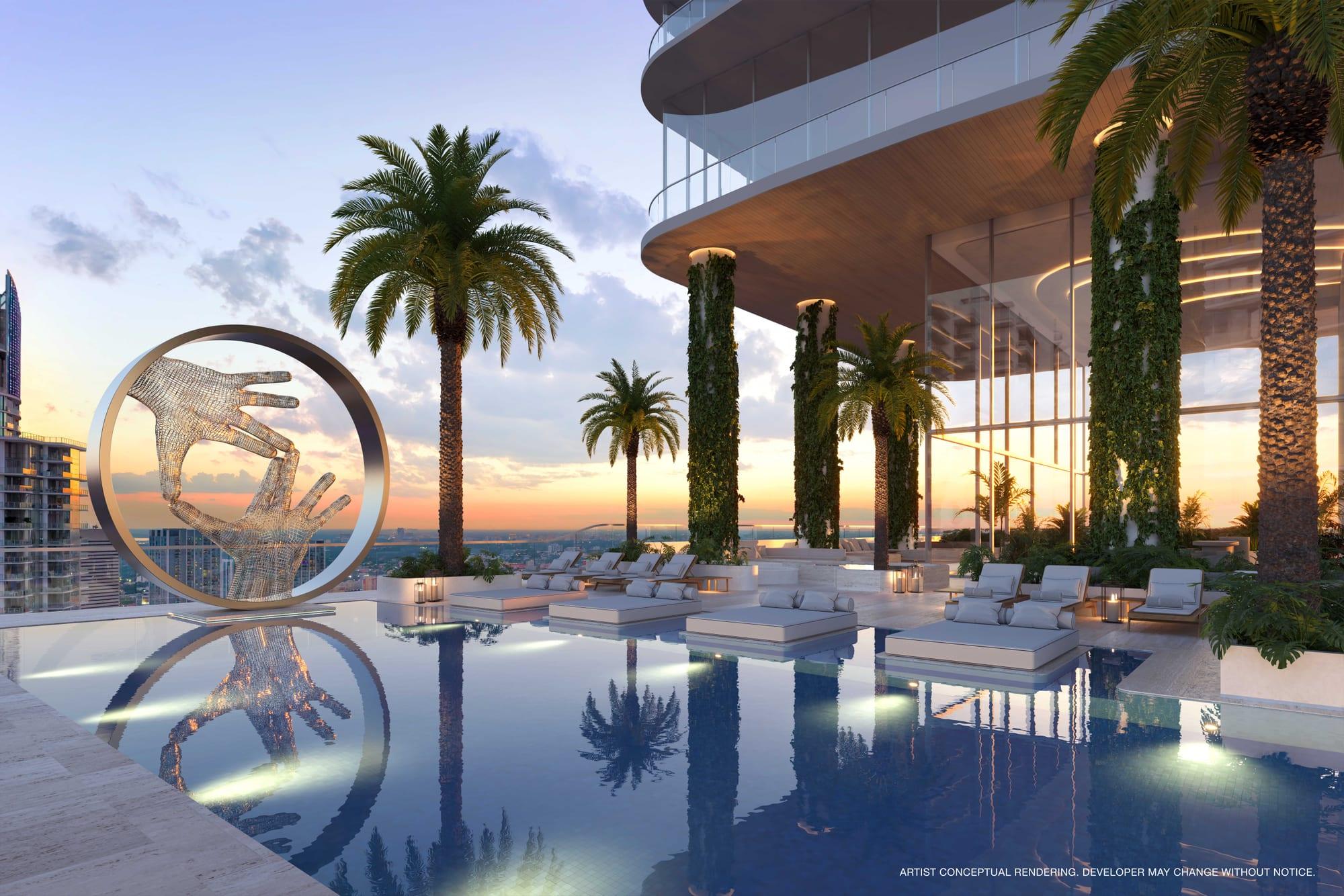 Rendering of the resort pool at sunset