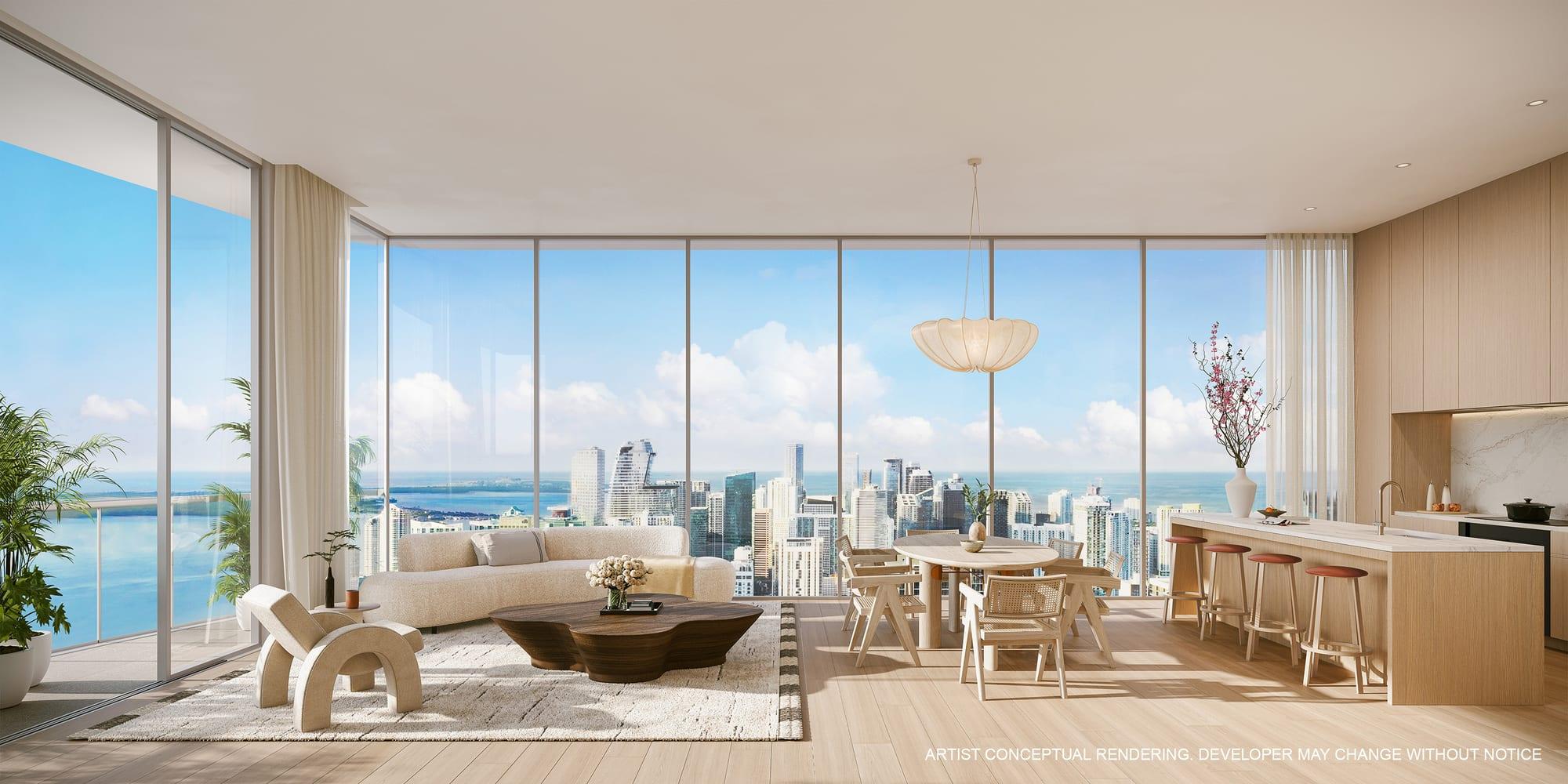 Rendering of a residence living room with bay views