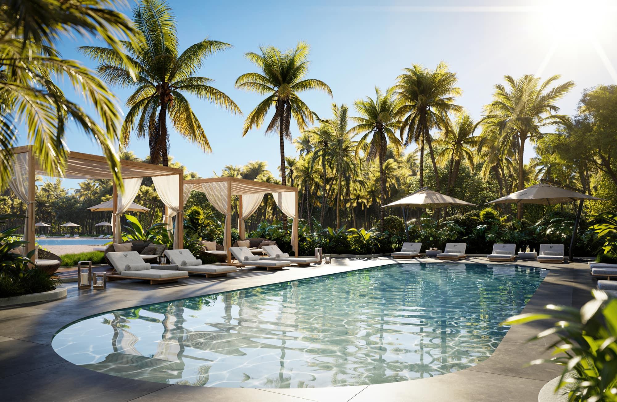 Ilustração da piscina resort com cabanas