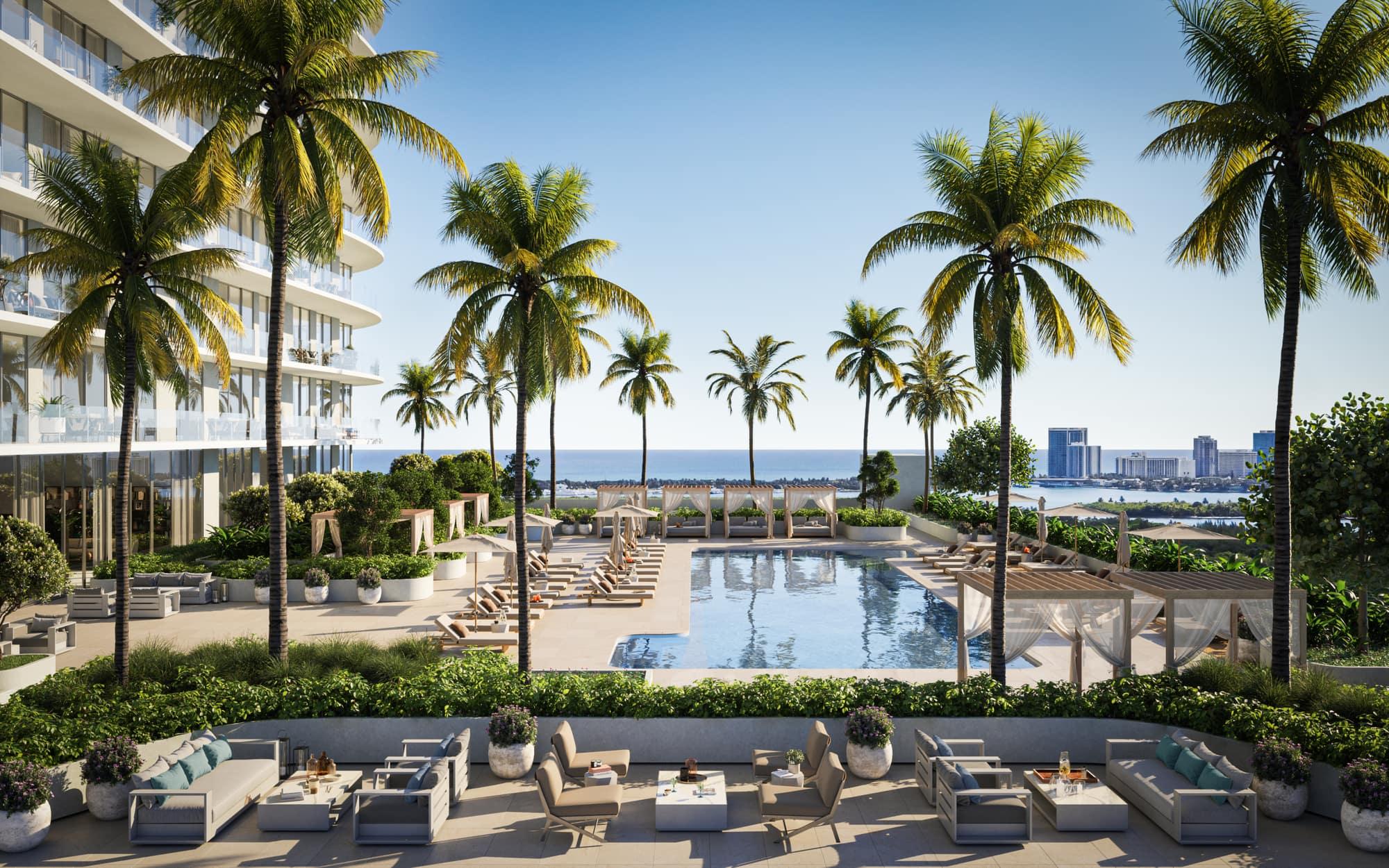 Ilustração do deck da piscina com vista para o mar