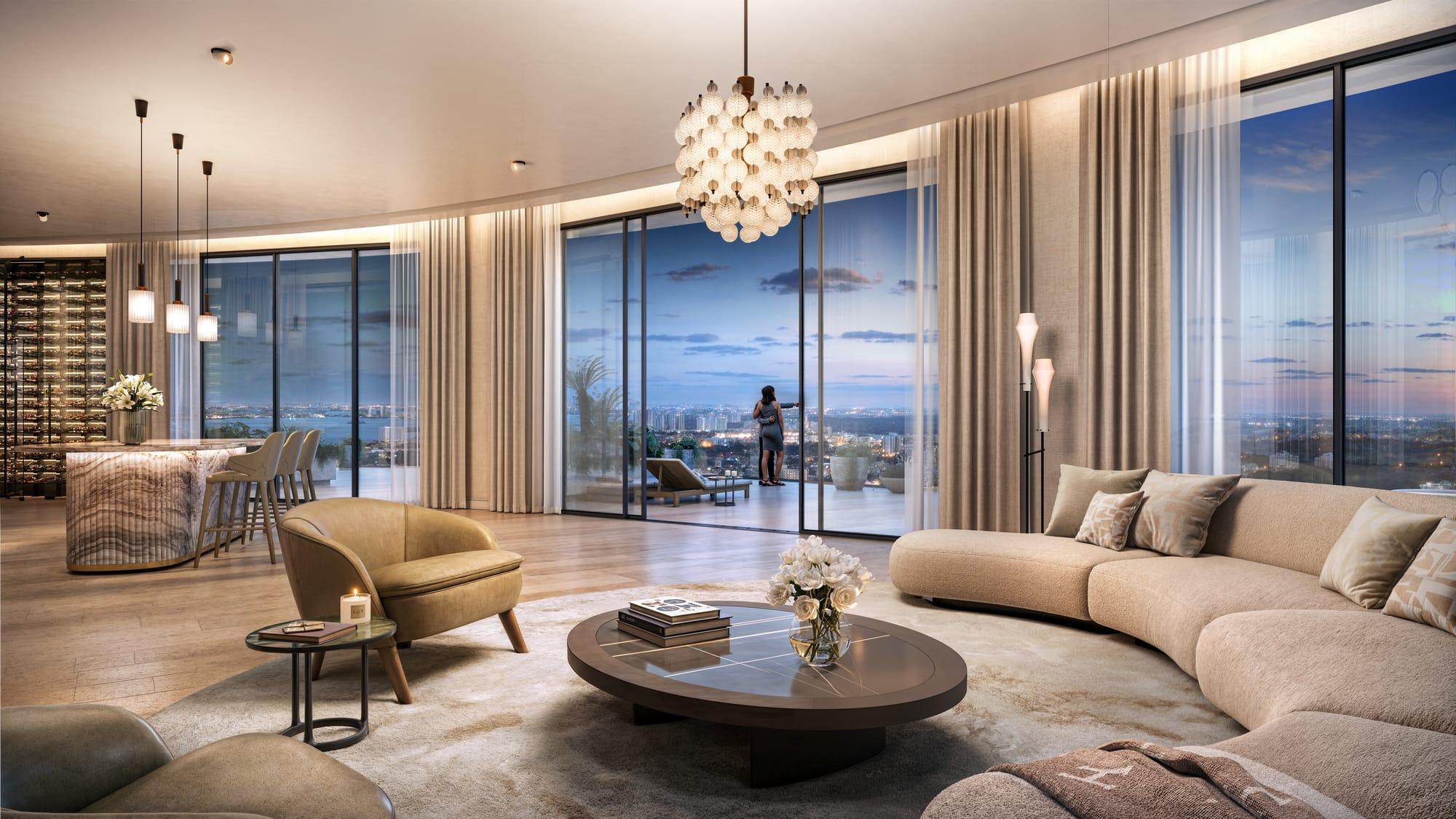 Ilustração da sala de estar de uma penthouse