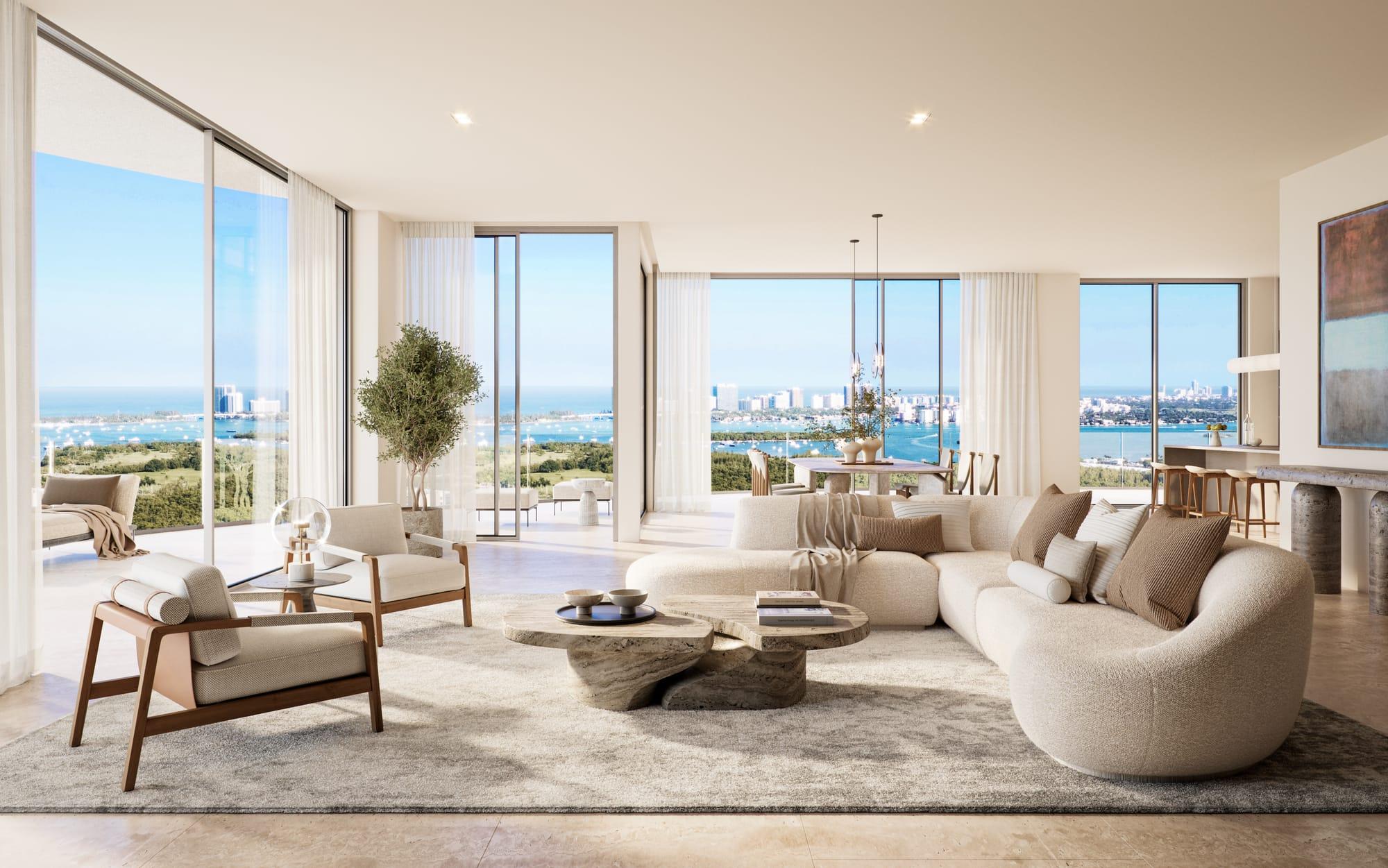 Ilustração da área social de uma penthouse com vista para a água