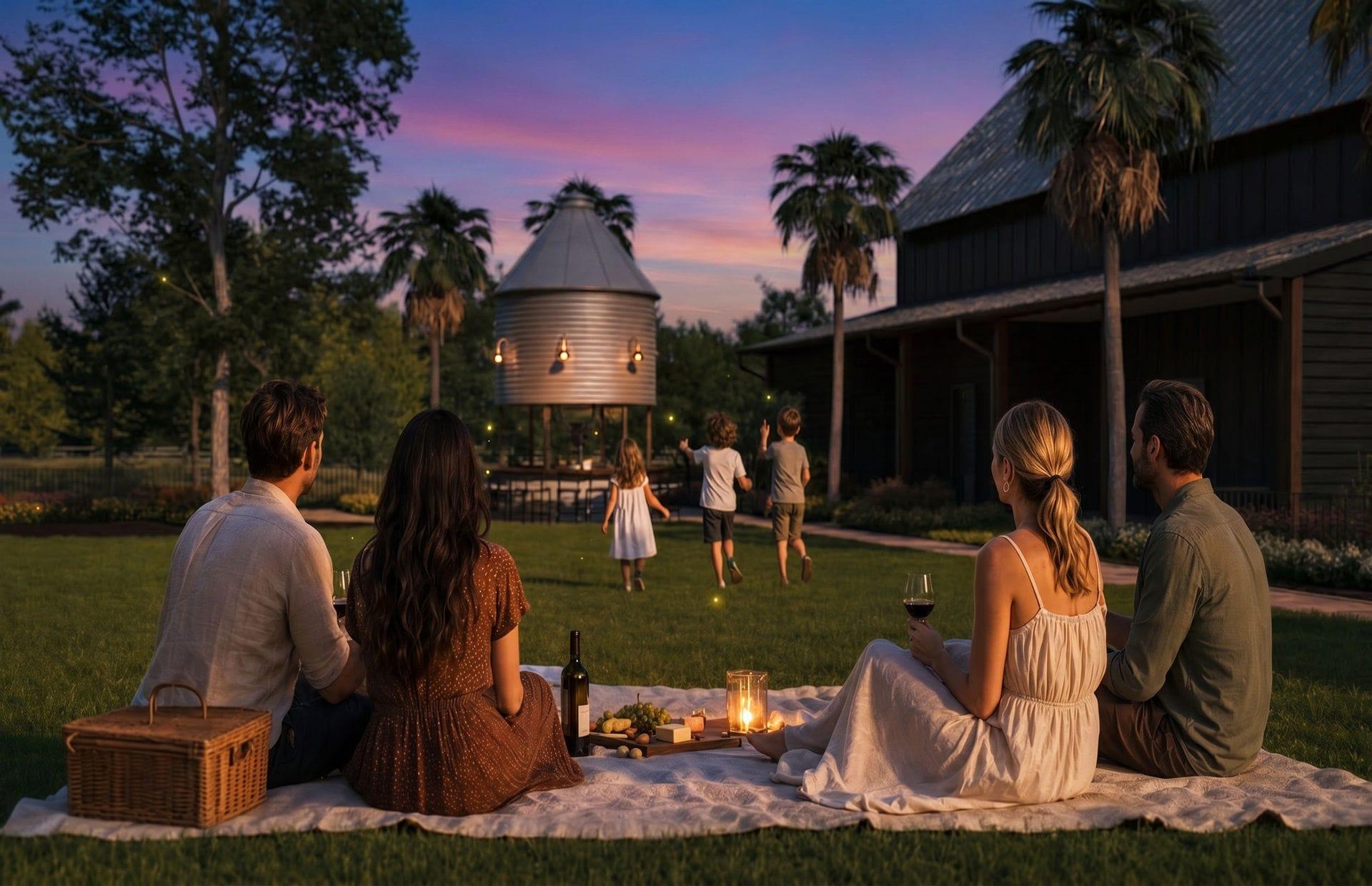 Gramado de convivência com o bar no silo ao entardecer
