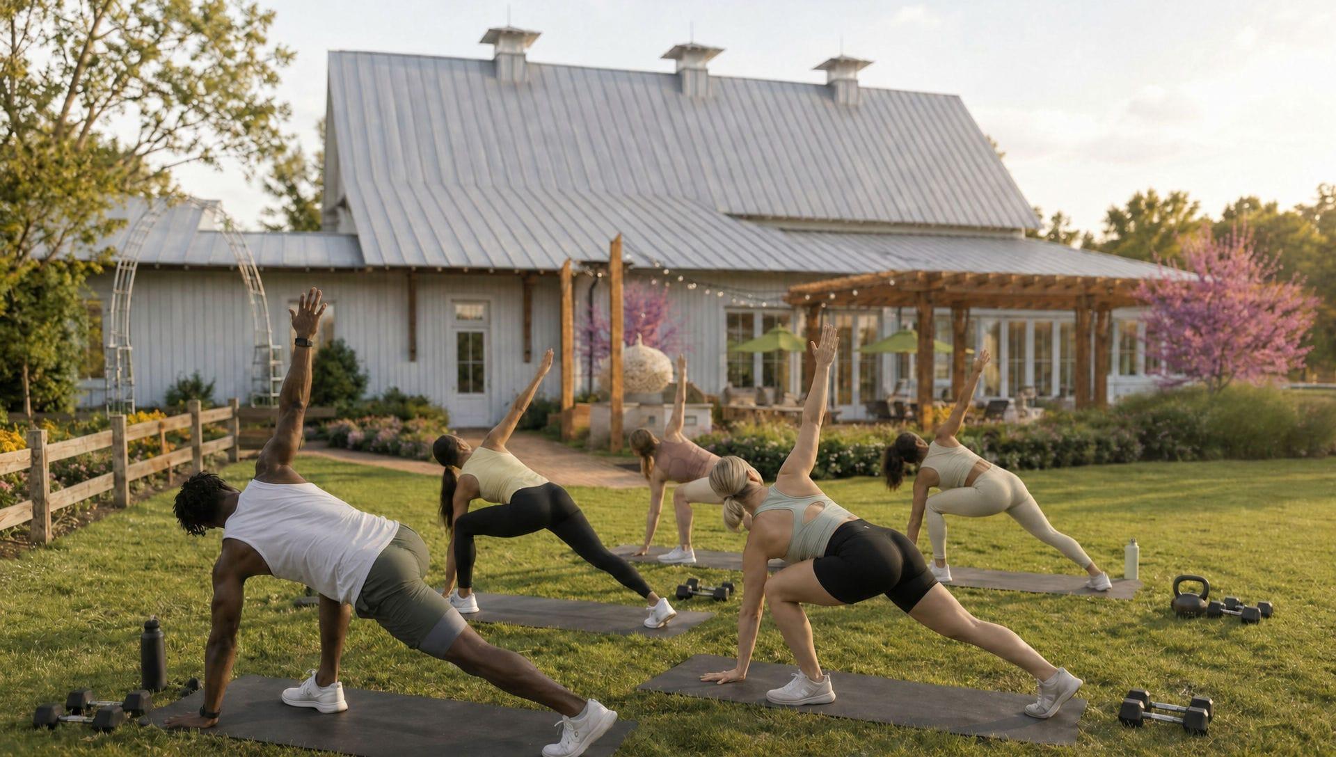 Aula de ginástica ao ar livre no gramado ao lado do celeiro de convivência