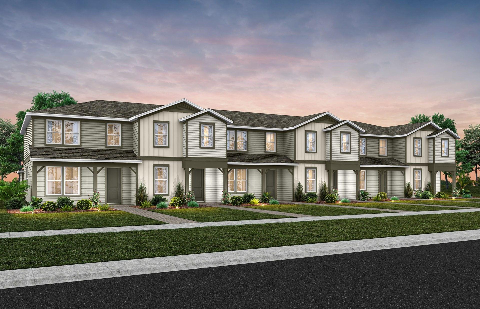 Ilustração das fachadas das townhomes Foxtail