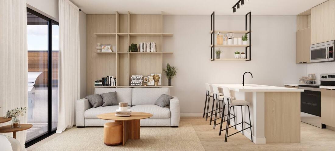 Rendering of the integrated living room and kitchen