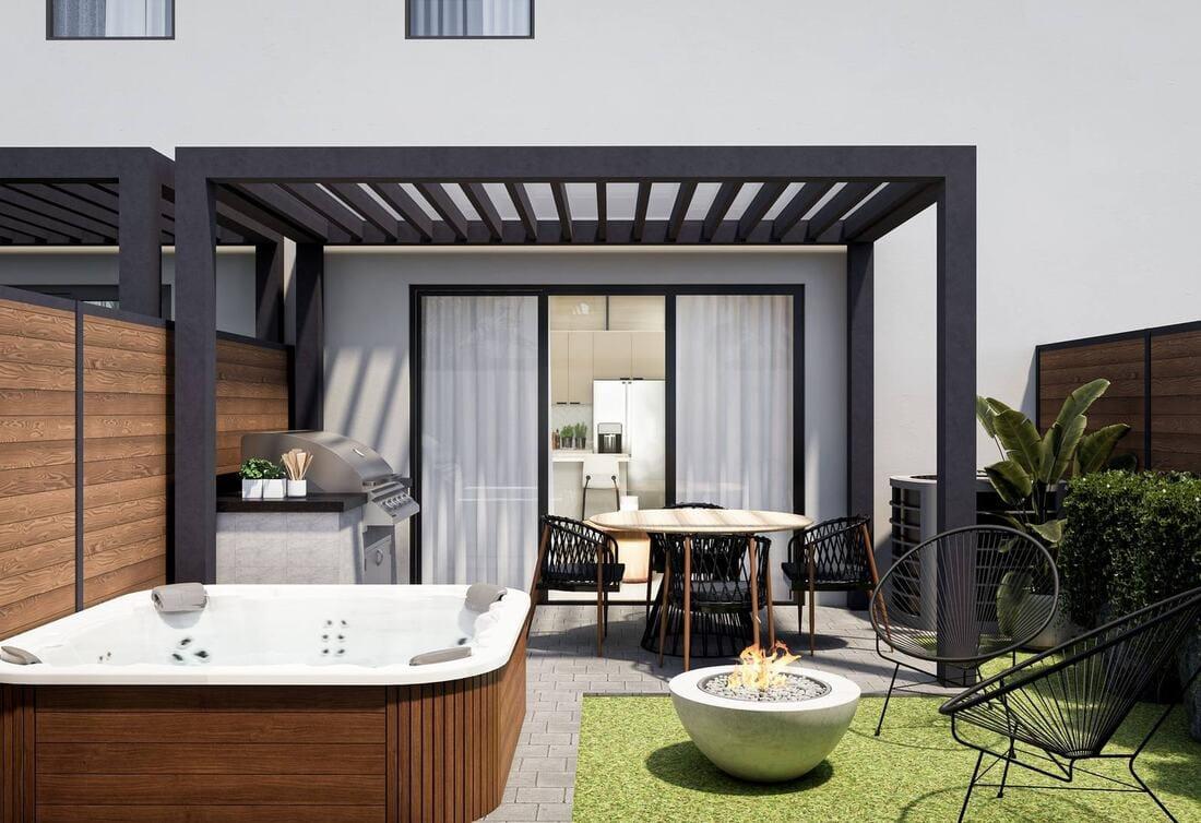 Rendering of the private garden with spa and pergola