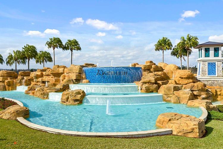 Waterfall feature at the community entrance